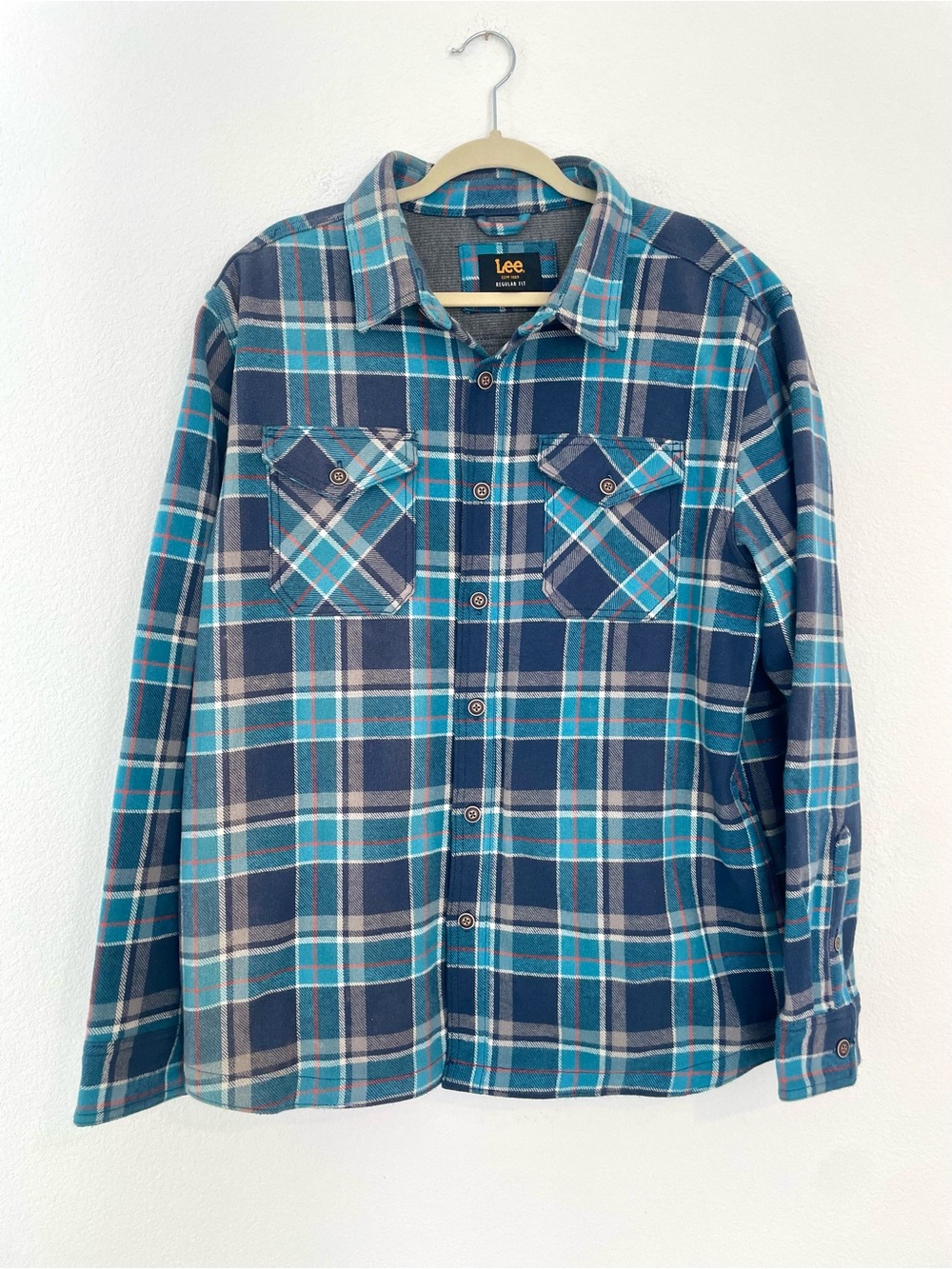 Lee Men’s Teal and Navy Plaid Button-Down Shirt shirt jacket